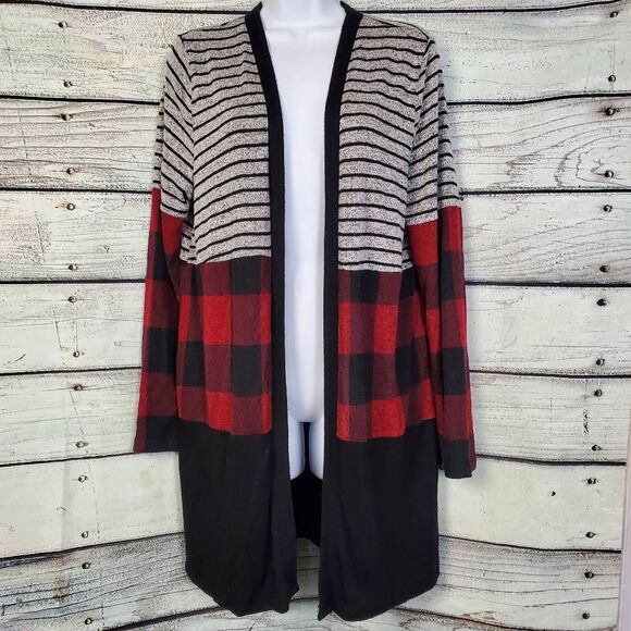Maurices Small Black Gray Red Striped and Plaid Colorblock Open Front Cardigan - Picture 1 of 6